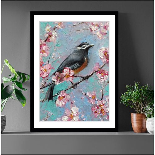 4049009897293 - Bild QUEENCE Mona Bilder Gr B H 40 cm x 50 cm Wandbild Vögel Hochformat blau (blau rosa) Kunstdrucke gerahmt Blumen