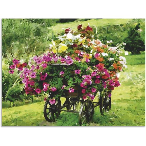 4062144705063 - Wandbild ARTLAND Kutsche mit Blumen Bilder Gr B H 120 cm x 90 cm Alu-Dibond-Druck Blumenbilder Querformat 1 St grün Kunstdrucke als Alubild Leinwandbild Wandaufkleber oder Poster in versch Größen