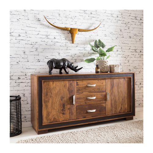 4250950273214 - Finebuy - Sideboard Sheesham Massiv Holz 160 x 80 x 44 cm mit Kunstleder Kommode mit Türen & Schubladen Massive Design Anrichte Massivholz Schrank