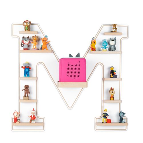 4051814446894 - Kinderregal Buchstabe M hängend für Toniebox und Tonie Figuren platzsparendes Regal Maße H 54 x B 60 x T 19 cm Wandregal für Musikbox und Figuren Aufbewahrung mit Magneteinsätzen Aufbewahrungsregal Holz