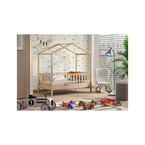 5420070241625 - Junior Hausbett mit seitlicher Umrandung 70 x 140 cm Liegefläche inkl Rolllattenrost Kiefer massiv - versch Ausführugen - Natur