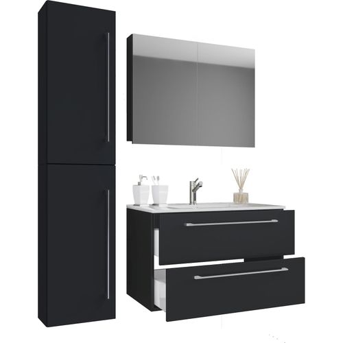 4051814405464 - 4-tlg Waschplatz Waschtisch Waschbecken Unterschrank Breite 80 cm Badmöbel Set mit Schubladen Drehtüren Spiegelschrank Badinos