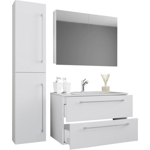4051814405457 - 4-tlg Waschplatz Waschtisch Waschbecken Unterschrank Breite 80 cm Badmöbel Set mit Schubladen Drehtüren Spiegelschrank Badinos