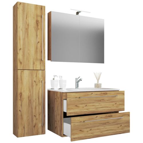 4051814436918 - 4-tlg Waschplatz Waschtisch Waschbecken Unterschrank Breite 80 cm Badmöbel Set mit Schubladen Drehtüren Spiegelschrank Badinos