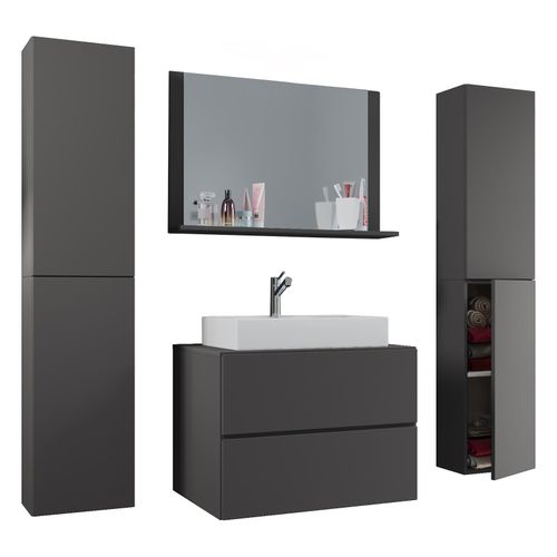 4051814385032 - 5-tlg Waschplatz Waschtisch Waschbecken Unterschrank Breite 80 cm Badmöbel Set mit Schubladen Drehtüren Spiegel Lendas XL