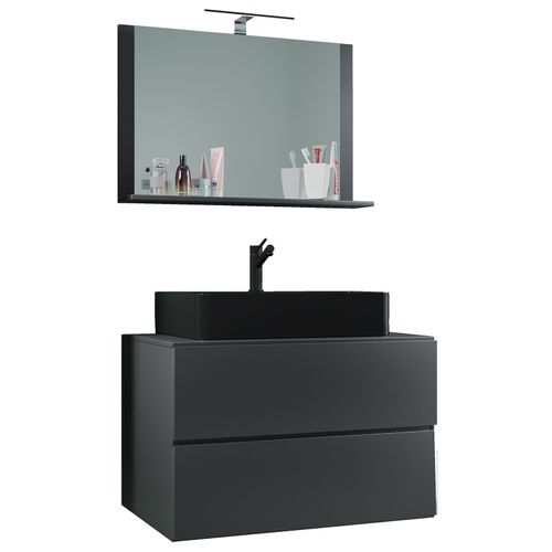 4051814384912 - 3-tlg Waschplatz Waschtisch Waschbecken Unterschrank Breite 80 cm Badmöbel Set mit Schubladen Spiegel Lendas M