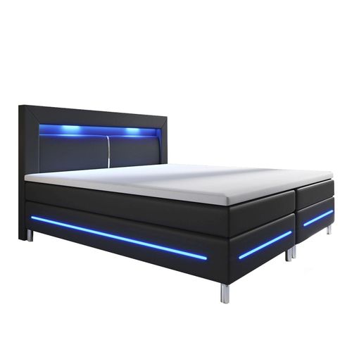 4260565521884 - Boxspringbett Norfolk – led Beleuchtung Bonell-Matratzen Topper & Kunstleder – 66 cm Komforthöhe – Bett Doppelbett 180 x 200 cm – schwarz - Juskys 4260565521884 - Boxspringbett Norfolk – led Beleuchtung Bonell-Matratzen Topper & Kunstleder – 66 cm Komforthöhe – Bett Doppelbett 180 x 200 cm – schwarz - Juskys