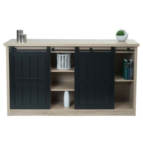 4057651567549 - Sideboard MCW-K75 Highboard Regal Schrank Schiebetüre 7 Fächer Holz-Optik Industrial Metall 84x150x40cm ~ naturfarben