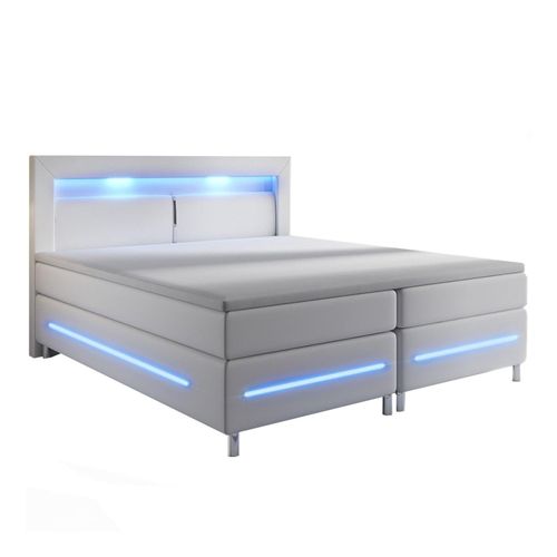 4260565521877 - Boxspringbett Norfolk – led Beleuchtung Bonell-Matratzen Topper & Kunstleder – 66 cm Komforthöhe – Bett Doppelbett 180 x 200 cm – weiß - Juskys 4260565521877 - Boxspringbett Norfolk – led Beleuchtung Bonell-Matratzen Topper & Kunstleder – 66 cm Komforthöhe – Bett Doppelbett 180 x 200 cm – weiß - Juskys
