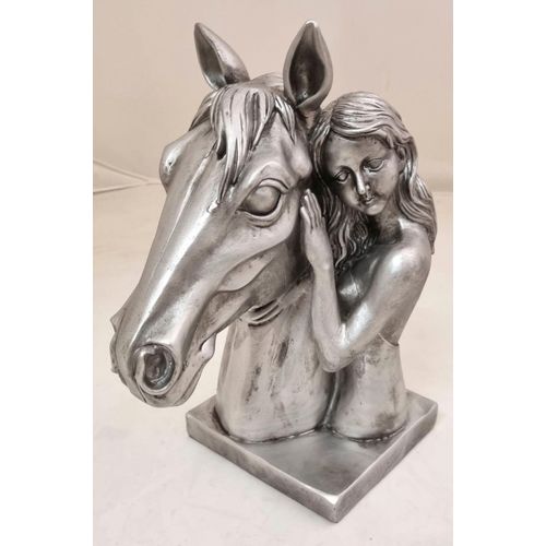 4050223718219 - Tierfigur Pferdekopf mit Mädchen 32cm Dekofiguren Gr B H T 16 cm x 32 cm x 26 cm silberfarben Tierfiguren