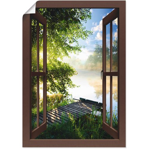 4059745735780 - Wandbild ARTLAND Fensterblick Angelsteg am Fluss Bilder Gr B H 50 cm x 70 cm Poster Fensterblick 1 St braun Bild Metallbild Metallbilder Bilder als Alubild Leinwandbild Wandaufkleber oder Poster in versch Größen