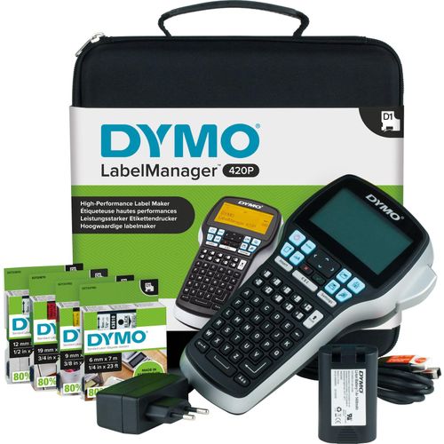 3501170915486 - DYMO LabelManager 420P Beschriftungsgerät im Koffer | Tragbares Etikettiergerät mit ABC Tastatur | mit extra Rollen D1-Beschriftungsband | für D1 Etiketten in 6 9 12 19 mm Breite