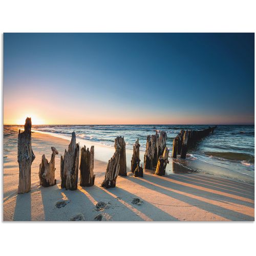4062144602546 - Wandbild ARTLAND Sonnenuntergang Strand Wellenbrecher Bilder Gr B H 120 cm x 90 cm Alu-Dibond-Druck Meer Bilder Querformat 1 St braun Kunstdrucke als Alubild Leinwandbild Wandaufkleber oder Poster in versch Größen