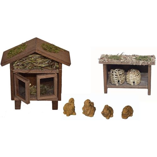 4251020790709 - Krippen-Zubehör ALFRED KOLBE Weihnachtsdeko beige (natur) Ø Polyresin Holzwerkstoff Dekofiguren Hasenstall mit 4 Hasen und Bienenhaus