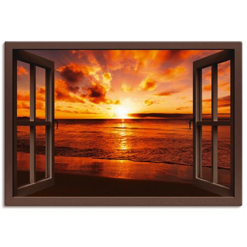 4055327351805 - Wandbild ARTLAND Fensterblick Sonnenuntergang am Strand Bilder Gr B H 100 cm x 70 cm Leinwandbild Fensterblick Querformat 1 St braun Bild Leinwandbild Kunstdrucke Bilder als Leinwandbild Wandaufkleber oder Poster in versch Größen