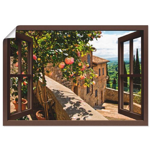 4057738335498 - Wandbild ARTLAND Fensterblick Rosen auf Balkon Toskana Bilder Gr B H 70 cm x 50 cm Poster Garten Querformat 1 St braun Bild Leinwandbild Kunstdrucke Bilder als Alubild Leinwandbild Wandaufkleber oder Poster in versch Größen