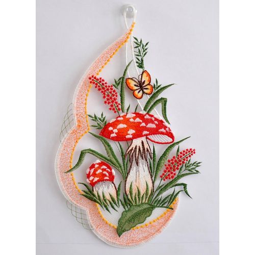 4028298291500 - Fensterbild STICKEREIEN PLAUEN Pilze Fensterbilder Gr B L 20 cm x 30 cm rot Fensterdekoration Dekohänger mit echter Plauener Spitze Stickerei