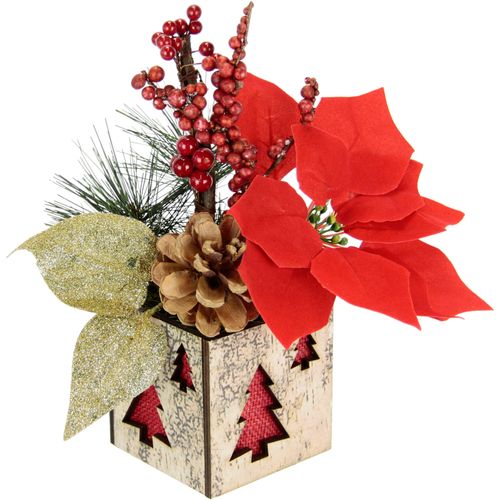 4019844648299 - Winterliche Kunstpflanze IGEA Gesteck mit Poinsettia im Topf Weihnachtsstern Weihnachtsdeko rot H26cm Ø15cm Kunststoff Polyester Kunstpflanzen Kunstblumen-Gesteck mit Beeren Zapfen und Tannenzweigen