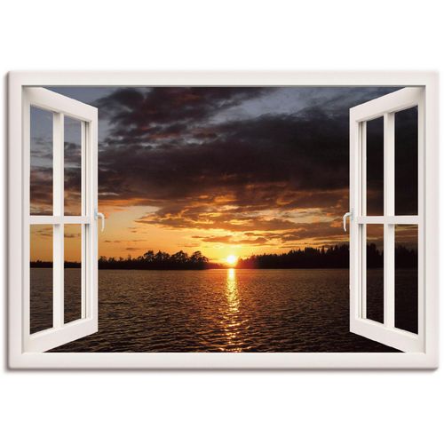 4062144599280 - Wandbild ARTLAND Sonnenuntergang am See mit Fenster Bilder Gr B H 100 cm x 70 cm Leinwandbild Seebilder Querformat 1 St braun Kunstdrucke als Alubild Leinwandbild Wandaufkleber oder Poster in versch Größen
