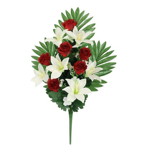 4019844757618 - Kunstblume IGEA Aufleger Rosen Lilien rot (rot weiß) B48cm H14cm L24cm Polyester Kunstpflanzen Bouquet Strauß Blume Tischdeko Deko Grabdeko Grableger Grabschmuck