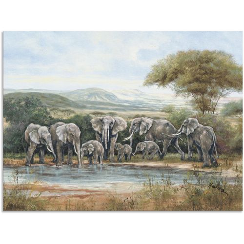 4062144590102 - Wandbild ARTLAND Elefantenfamilie Bilder Gr B H 80 cm x 60 cm Alu-Dibond-Druck Elefanten Bilder Querformat 1 St grün Kunstdrucke als Alubild Leinwandbild Wandaufkleber oder Poster in versch Größen