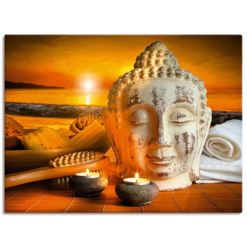 4055327241649 - Wandbild ARTLAND Bad-Zubehör mit Buddha-Statue Bilder Gr B H 80 cm x 60 cm Leinwandbild Religion Querformat 1 St braun Bild Poster Bilder als Alubild Leinwandbild Wandaufkleber oder in versch Größen