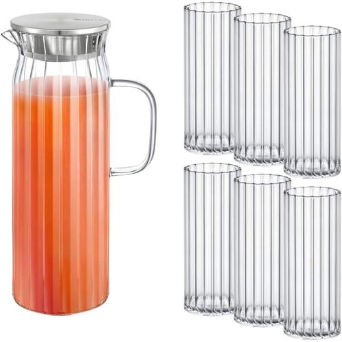 8682455438274 - Glaskaraffe 15L mit 6 Wassergläsern (350 ml) – Elegantes Set mit Edelstahl-Deckel 8682455438274 - Glaskaraffe 15L mit 6 Wassergläsern (350 ml) – Elegantes Set mit Edelstahl-Deckel