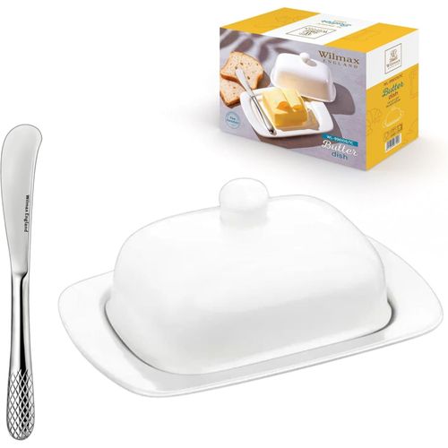 8682455438106 - Wilmax Butterdose mit Silbermesser – Weiße Porzellan-Butterschale – 8682455438106 - Wilmax Butterdose mit Silbermesser – Weiße Porzellan-Butterschale –