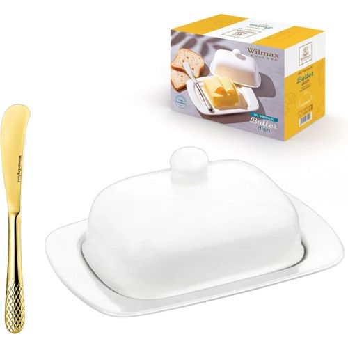 8682455438113 - Wilmax Butterdose Weiß mit goldenem Messer – Porzellan-Butterschale