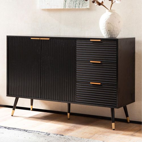 4251757723421 - Finebuy - Sideboard 120x80x40 cm Anrichte Schwarz mit Eiche-Dekor Kommode mit Türen und Schubladen Kommodenschrank Flurschrank Modern Standschrank