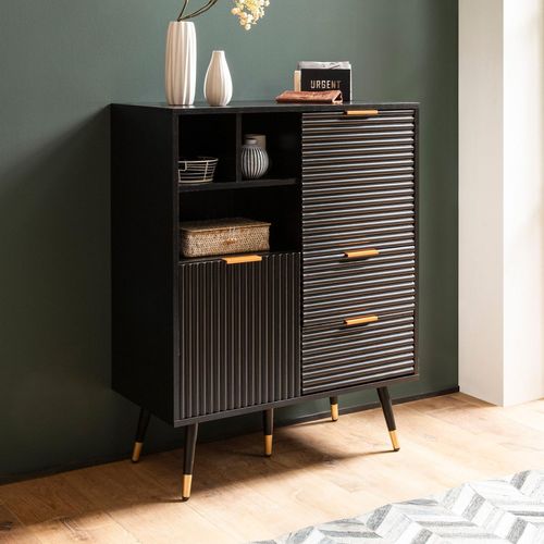 4251757723285 - Sideboard 77x97x40 cm Anrichte Schwarz mit Eiche-Dekor Kommode mit Türen und Schubladen Kommodenschrank Flurschrank mit Regal Modern