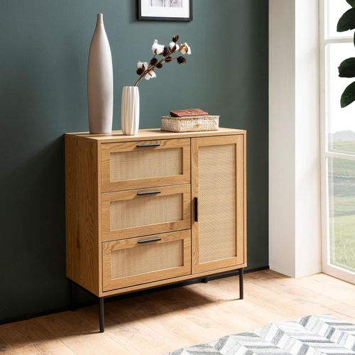 4251757723438 - Finebuy - Kommode 80x82x36 cm Flurkommode Eiche-Dekor & Rattan Sideboard mit drei Schubladen und Tür Kommodenschrank Modern Standschrank Anrichte