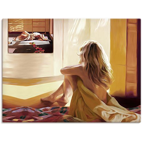 4062144708897 - Wandbild ARTLAND Blondes Mädchen sitzt auf dem Bett Bilder Gr B H 80 cm x 60 cm Leinwandbild Bilder von Frauen Querformat 1 St braun Kunstdrucke als Alubild Leinwandbild Wandaufkleber oder Poster in versch Größen
