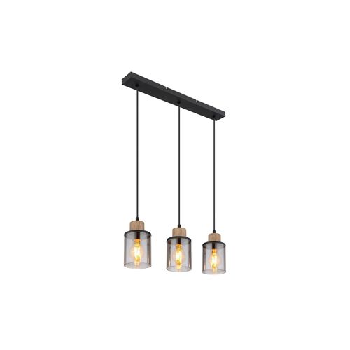 9007371470488 - - Pendellampe Esstischleuchte Hängelampe Wohnzimmer 3 flammig Metall schwarz Holz braun Glas rauch 3x E27 LxH 55x 120 cm