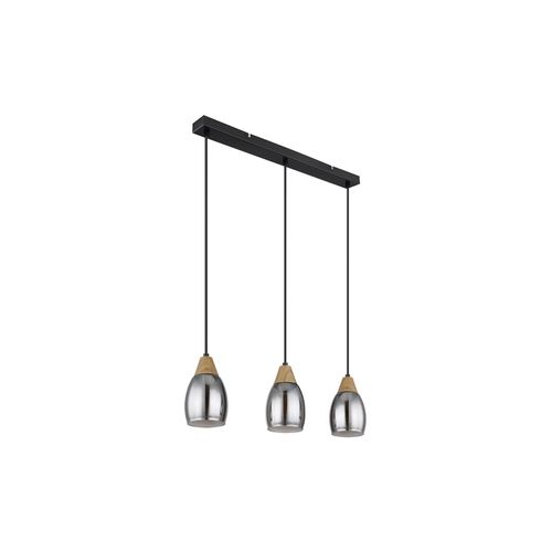 9007371463268 - Pendelleuchte Glas Hängeleuchte Glas Lampe Rauchglas 3 flammig Holz natur Rauchglas Metall schwarz 3x E27 Fassungen LxBxH 55x10x120cm