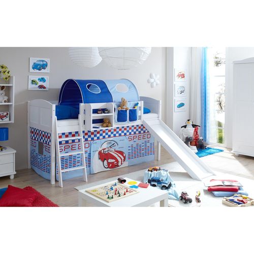 4250393874399 - TiCAA Hochbett mit Rutsche Rutschbett Ekki Country Kiefer Weiß Motiv