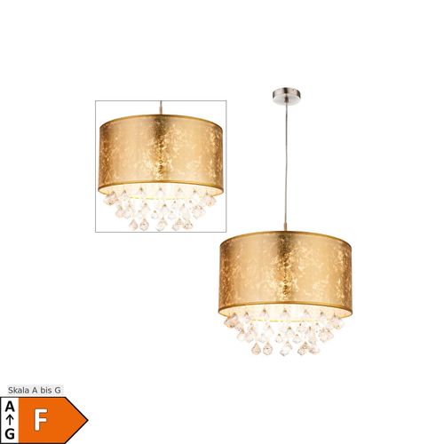9007371571147 - LED Hängeleuchte Textil gold Kristalle klar H 140 cm 9007371571147 - LED Hängeleuchte Textil gold Kristalle klar H 140 cm