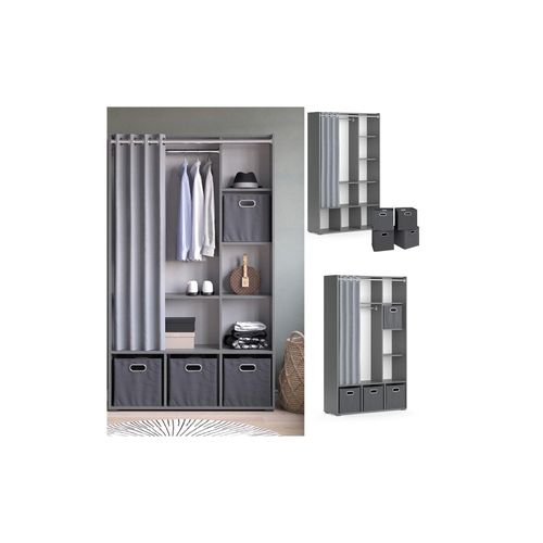 4066731329830 - Kleiderschrank Schlafzimmerschrank Garderobe Luigi Grau Faltbox 106 x 178 cm modern Schrankregal Organizer Vorhang Kleiderstange Fächer Aufbewahrung Ablage