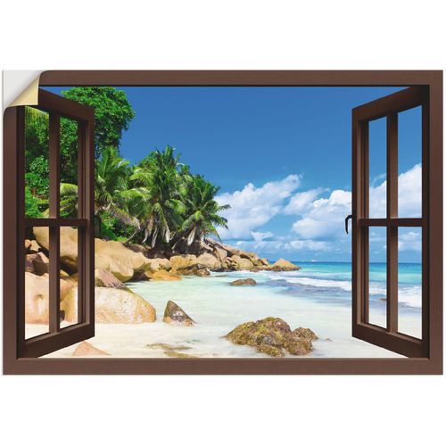 4062144600429 - Wandbild ARTLAND Küste mit Palmen durchs Fenster Bilder Gr B H 70 cm x 50 cm Wandaufkleber - Vinyl Karibikbilder Querformat 1 St blau Kunstdrucke als Alubild Leinwandbild Wandaufkleber oder Poster in versch Größen