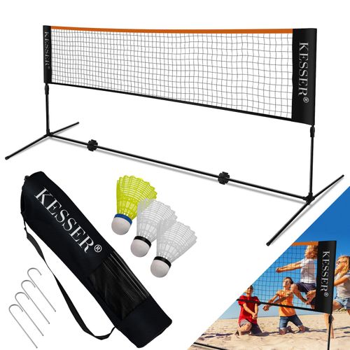 4260692710595 - KESSER® Badmintonnetz Tennisnetz 300cm 400cm 500 cm Federballnetz 3-Fach-Höhenverstellbar Set bestehend aus Netz 3x Feder- & Tennisball stabilem Eisen-Gestell Transporttasche Indoor & Outdoor