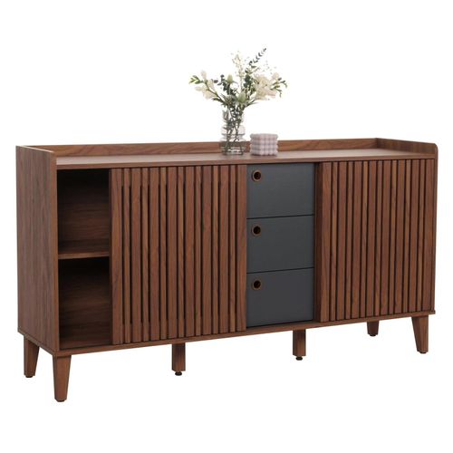 4057651647173 - Sideboard MCW-M48 Kommode Schiebetür Staufach MDF 81x150x40cm ~ Walnuss-Optik Schubladen dunkelgrau 4057651647173 - Sideboard MCW-M48 Kommode Schiebetür Staufach MDF 81x150x40cm ~ Walnuss-Optik Schubladen dunkelgrau