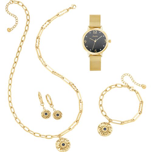 4068222732464 - Adventskalender Kalender 2025 Geschenkset Weihnachten Uhr Halskette Armband Creolen gold (blau) ANISTON JEWELRY & WATCHES Adventskalender DamenB21cm H185cm T8cm Edelstahl Metall glänzend glitzernd Kristallsteine (synth) B21cm H185cm T8cm