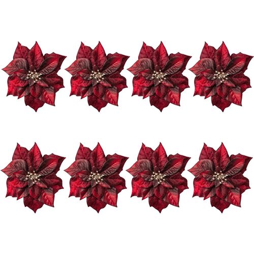 4064118885078 - Weihnachtsbaumklammer CREATIV DECO Weihnachtsdeko Christbaumschmuck Weihnachtsbaumschmuck rot (bordeaux) Weihnachtsbaumschmuck Weihnachtsstern-Blüte mit Clip zum Befestigen Ø ca 17 cm