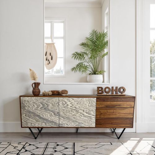 4251757730764 - Sideboard 175 cm Anrichte Massivholz Steinoptik Kommode Türen Schubladen