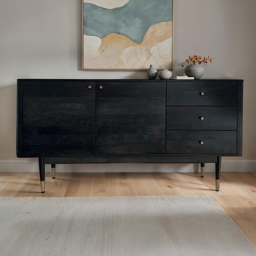 4251757730801 - Sideboard Anrichte 160 cm Massivholz Schwarz Kommode Türen Schubladen