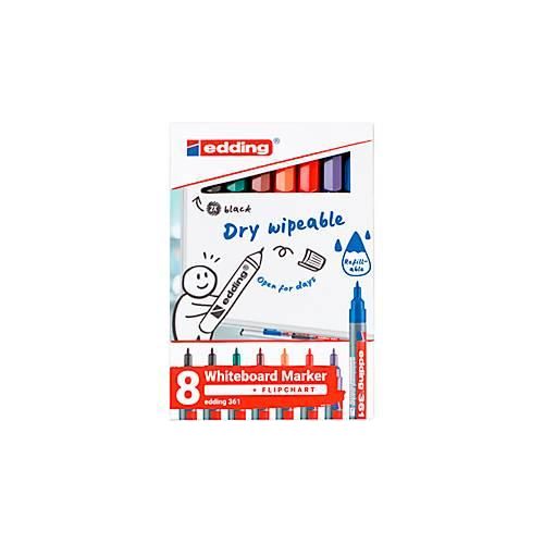 4057305058423 - Whiteboardmarker Edding 361 Rundspitze Strichstärke 1 mm trocken abwischbar mit Kappe und Clip nachfüllbar farbsortiertes 8er-Set