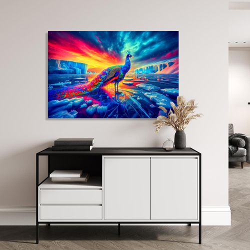4067437111828 - Acrylglasbild QUEENCE Surrealer Polarzauber bunt (knallige bunte farben) Bilder B H T 90cm x 60cm x 04cm Fantasy-Vögel-Sonnenaufgang Querformat Acrylglas KI Kunst knallige Farben künstliche Intelligenz bunt B90cm H60cm T04cm