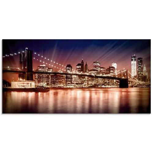 4055327209946 - Glasbild ARTLAND Manhattan Sonnenuntergang Bilder Gr B H 100 cm x 50 cm Glasbild Brücken Querformat 1 St lila Bild Glasbild Glasbilder Bilder in verschiedenen Größen