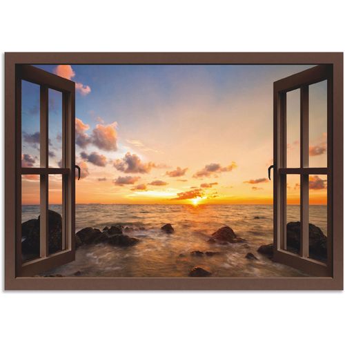 4059745735131 - Wandbild ARTLAND Fensterblick Sonnenuntergang am Meer Bilder Gr B H 100 cm x 70 cm Alu-Dibond-Druck Fensterblick 1 St braun Bild Poster Bilder als Alubild Leinwandbild Wandaufkleber oder in versch Größen