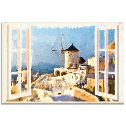 4055327989596 - Glasbild ARTLAND Blick durch das Fenster auf Santorin Bilder Gr B H 80 cm x 60 cm Glasbild Fensterblick Querformat 1 St blau Bild Glasbild Glasbilder Bilder in verschiedenen Größen